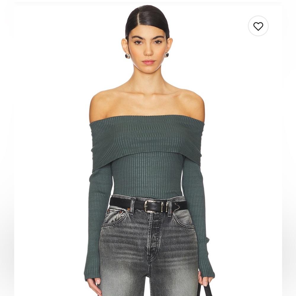 BNWT LA Made Off-Shoulder Ribbed Shirt - Dark Green from Revolve